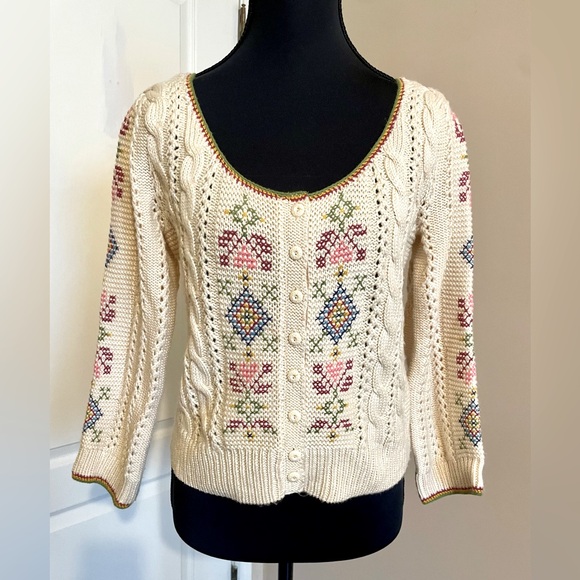 Anthropologie Guinevere Blue Ribbon Cardigan Size M Folksy Needlepoint Cableknit - Picture 8 of 13